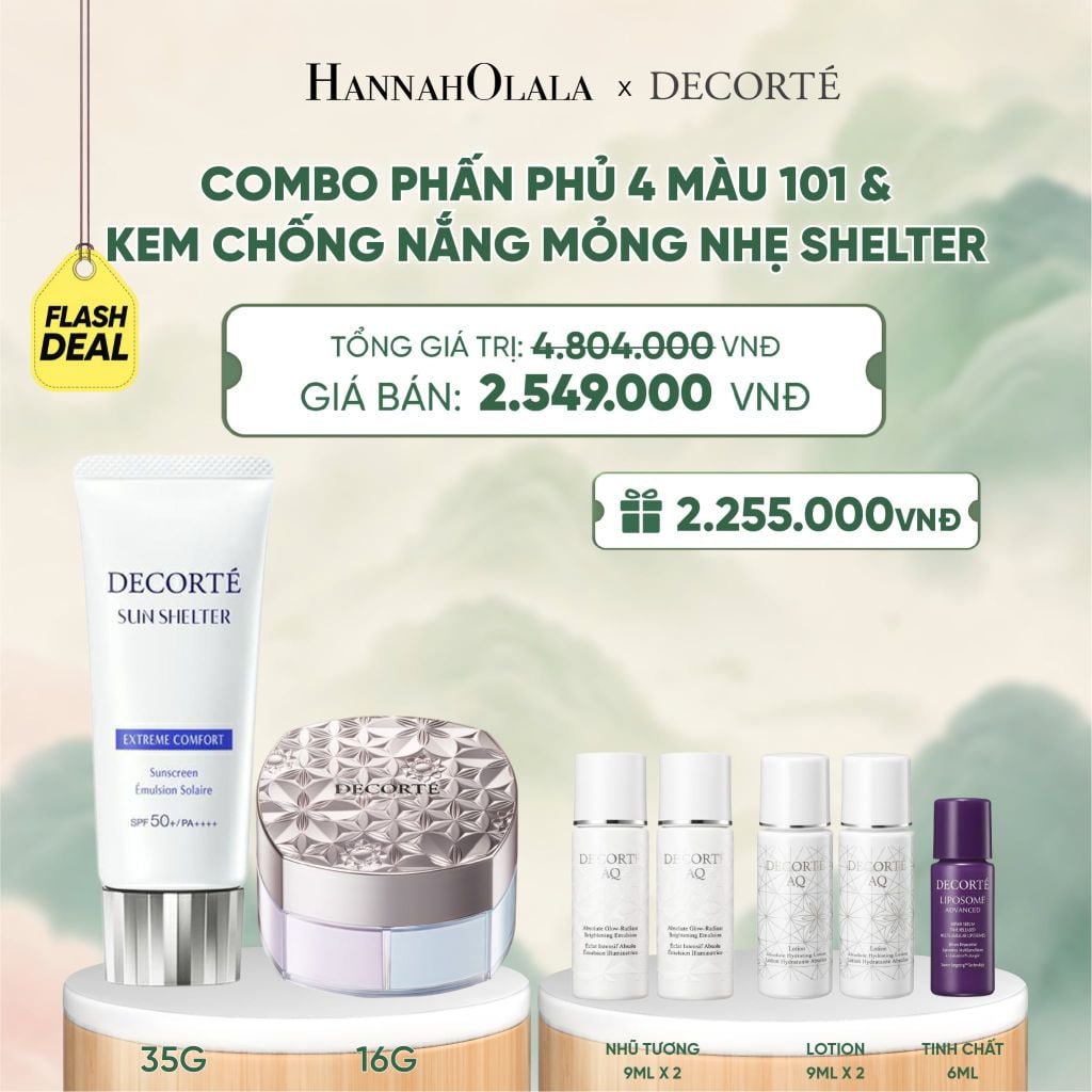  [FLASH DEAL] COMBO PHẤN PHỦ 4 MÀU 101 & KEM CHỐNG NẮNG DECORTÉ SHELTER - A470 