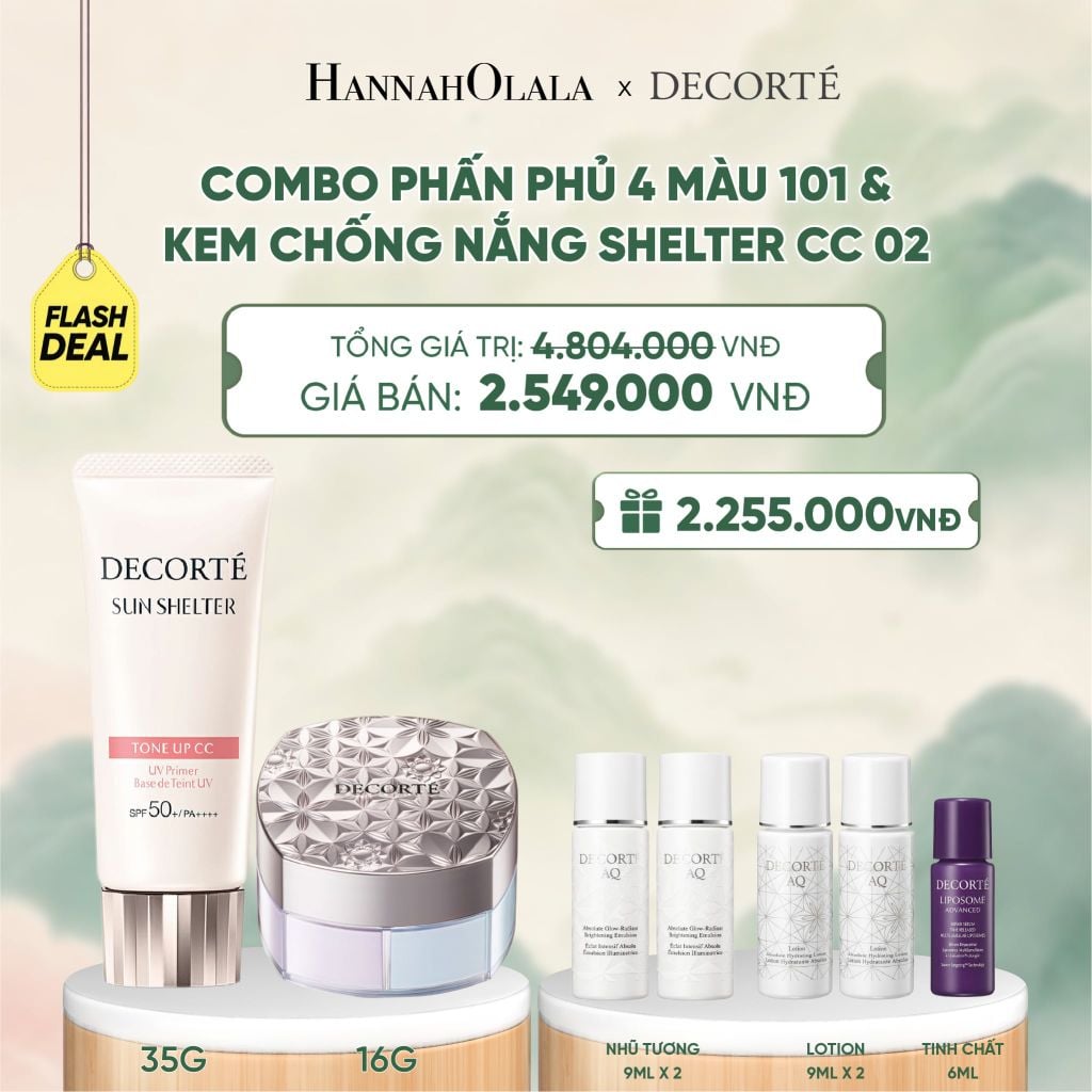  [FLASH DEAL] COMBO PHẤN PHỦ 4 MÀU 101 & KEM CHỐNG NẮNG DECORTÉ SHELTER - A470 