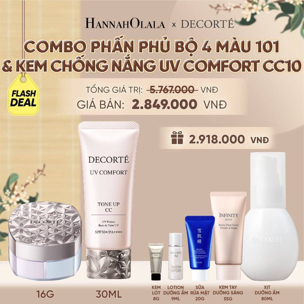  [FLASH DEAL] COMBO PHẤN PHỦ 4 MÀU 101 & KEM CHỐNG NẮNG DECORTÉ UV COMFORT (BẢN MỚI) - A427 