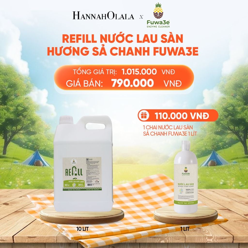  REFILL NƯỚC LAU SÀN SẢ CHANH FUWA3E ECO-ENZYME VỎ DỨA 10 LÍT - DEAL 15 