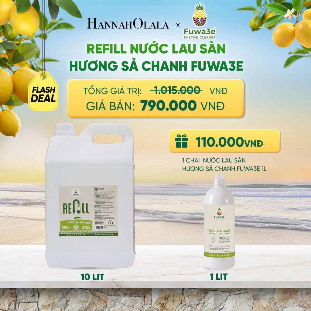  REFILL NƯỚC LAU SÀN SẢ CHANH FUWA3E ECO-ENZYME VỎ DỨA 10 LÍT - DEAL 15 