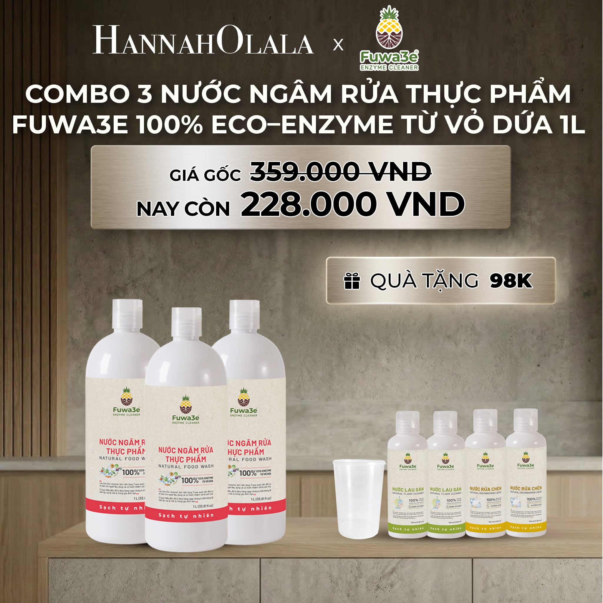 Combo Nước Ngâm Rửa Thực Phẩm FUWA3E 1L