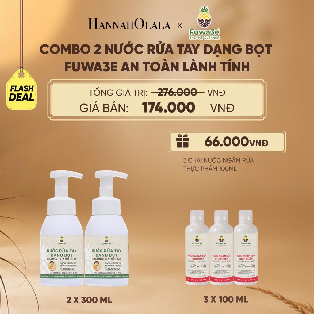  COMBO 2 NƯỚC RỬA TAY DẠNG BỌT FUWA3E 100% ECO-ENZYME TỪ VỎ DỨA 300ML - DEAL 7 - E39 