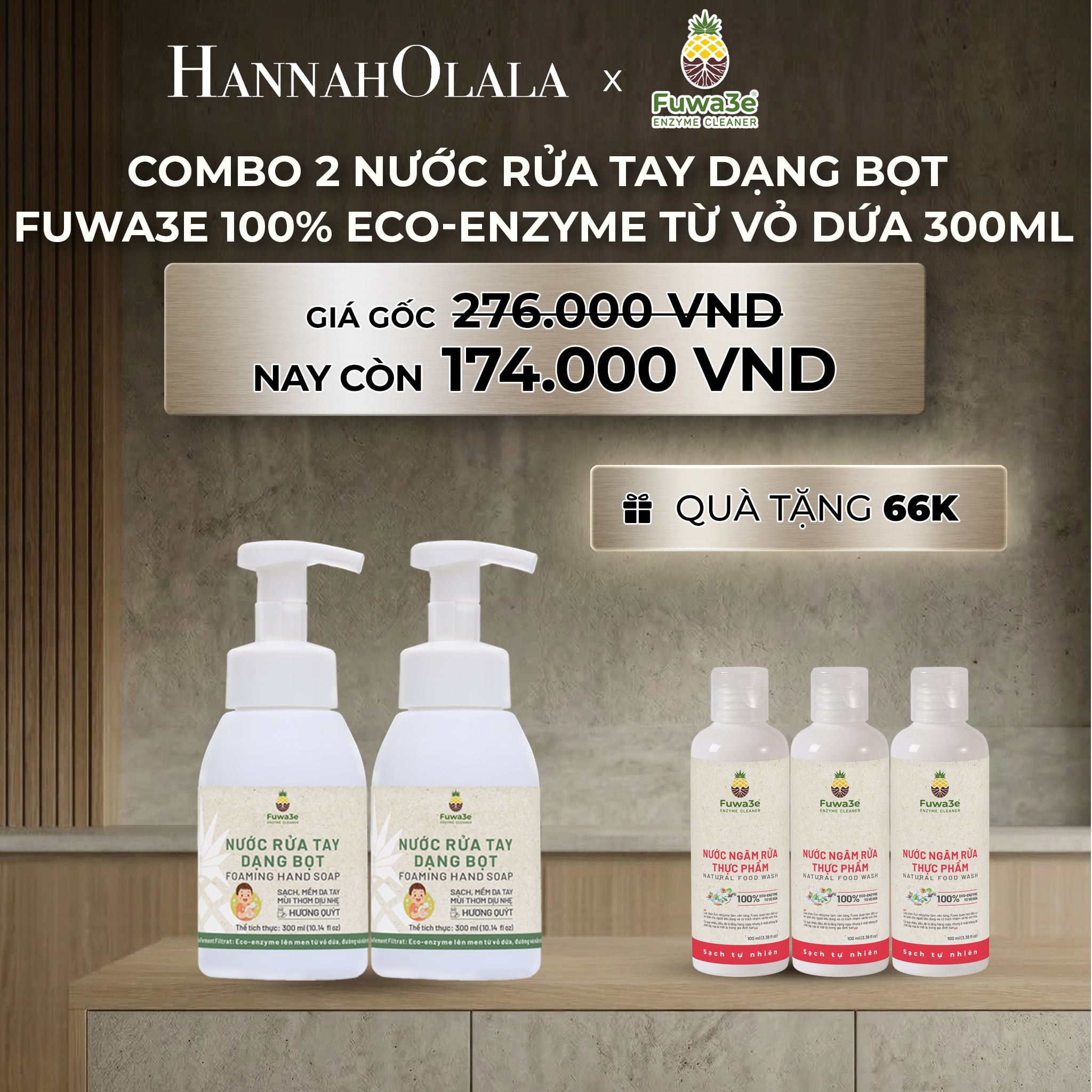 Combo Nước Rửa Tay FUWA3E 100% ECO - Enzyme Từ Vỏ Dứa 300ml