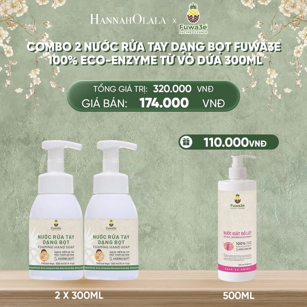 DEAL 12: COMBO 2 NƯỚC RỬA TAY DẠNG BỌT FUWA3E 100% ECO - ENZYME TỪ VỎ DỨA 300ML 