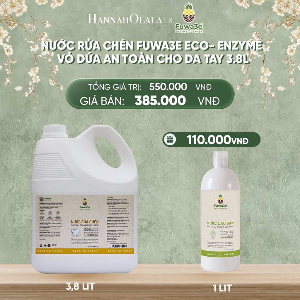  DEAL 2: NƯỚC RỬA CHÉN FUWA3E ECO- ENZYME VỎ DỨA AN TOÀN CHO DA TAY 3.8L 
