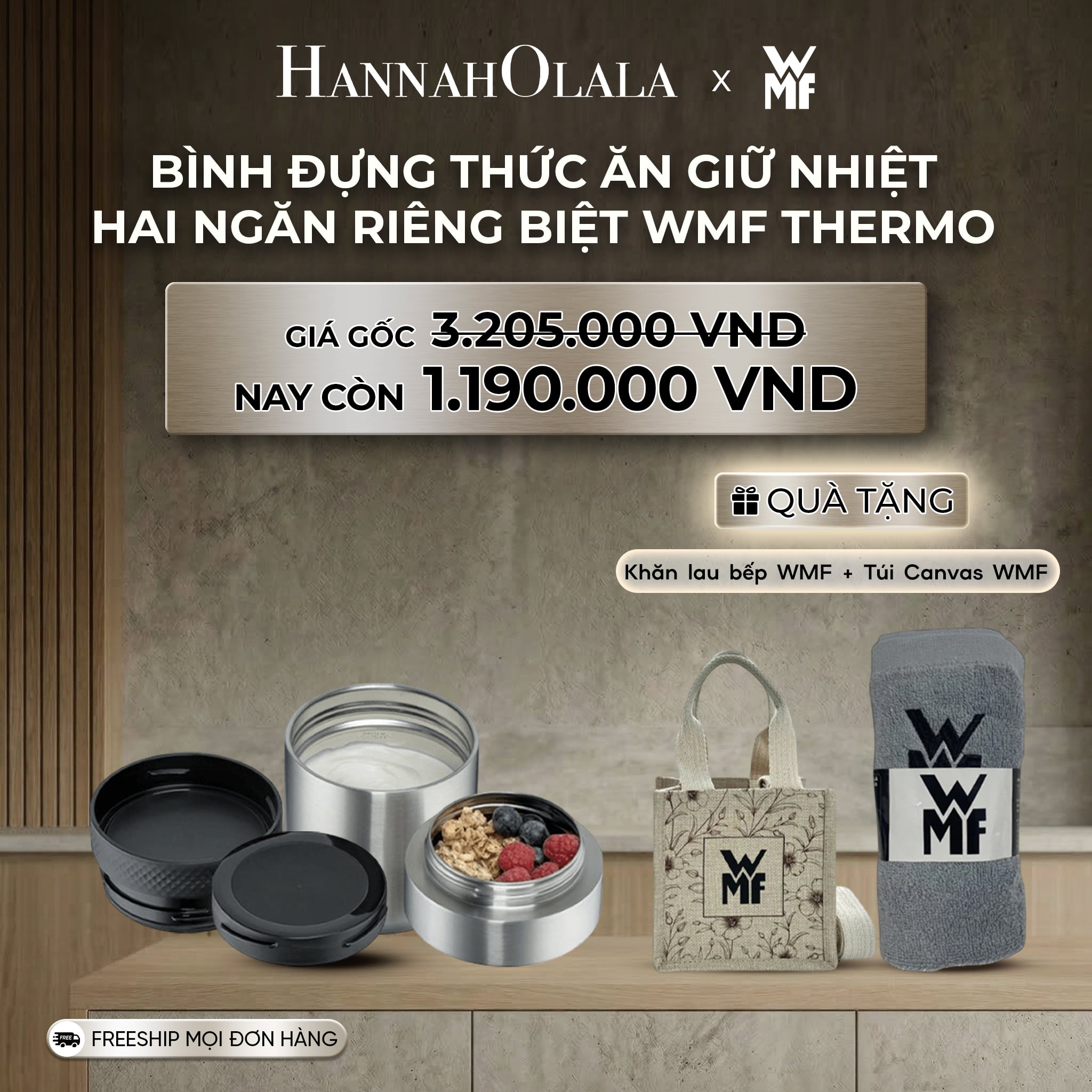 B161_deal 13: bình đựng thức ăn giữ nhiệt hai ngăn riêng biệt wmf thermo