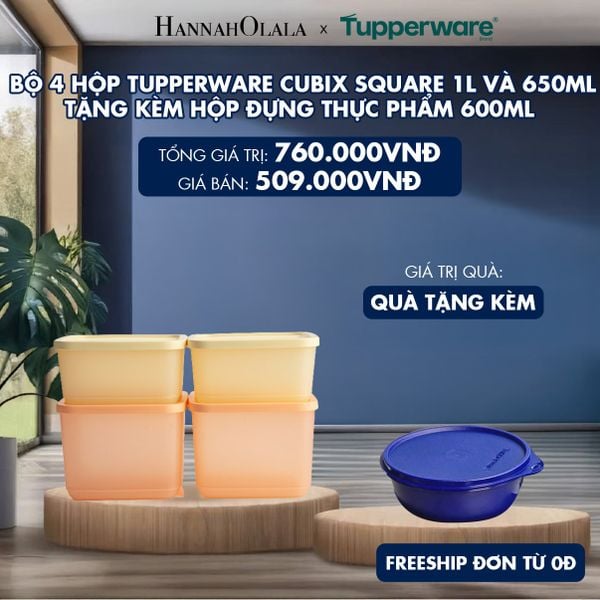  BỘ 4 HỘP TUPPERWARE TRỮ KHÔ VÀ MÁT CUBIX SQUARE 1L VÀ 650ML - TẶNG KÈM HỘP ĐỰNG THỰC PHẨM 600ML 