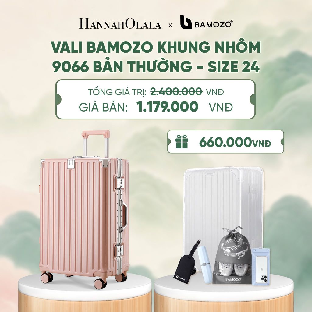  VALI BAMOZO KHUNG NHÔM 9066 BẢN THƯỜNG (TẶNG BỌC VALI TRONG SUỐT + TAG HÀNH LÝ DA + TÚI ĐỰNG GIÀY + HỘP ĐỰNG BÀN CHẢI + TÚI ĐỰNG ĐT CHỐNG NƯỚC) - DEAL 3 - A764 