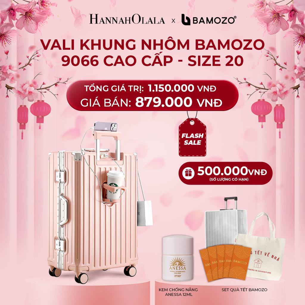  A1716_ FLASH DEAL: VALI BAMOZO KHUNG NHÔM 9066 BẢN CAO CẤP (TẶNG BỌC VALI CC TRONG SUỐT + TỆP LÌ XÌ TẾT + TÚI TOTE + KCN dưỡng da dịu nhẹ ANESSA Perfect UV Sunscreen Mild Milk SPF 50+ PA++++ 12ml) 