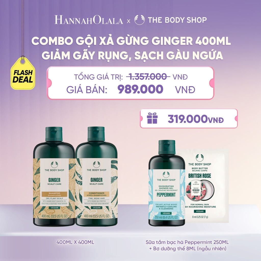  COMBO CHĂM TÓC DÀY PHỒNG, GIẢM GÃY RỤNG, SẠCH GÀU NGỨA GINGER 400ML - DẦU GỘI X DẦU XẢ - H049 