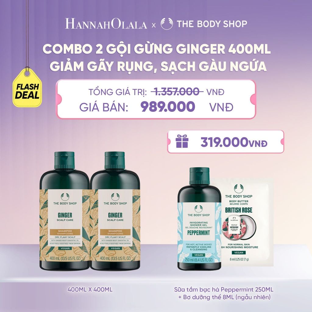  COMBO CHĂM TÓC DÀY PHỒNG, GIẢM GÃY RỤNG, SẠCH GÀU NGỨA GINGER 400ML - 2X DẦU GỘI - H050 