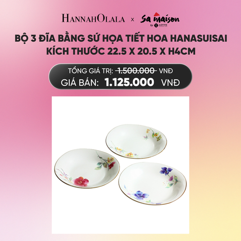  DEAL 12: BỘ 3 ĐĨA BẰNG SỨ HỌA TIẾT HOA HANASUISAI, KÍCH THƯỚC 22.5X20.5XH4CM._A638 