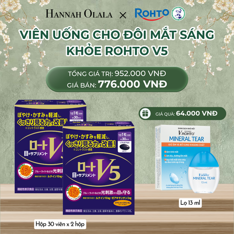  DEAL 7: MUA COMBO 2 HỘP THỰC PHẨM BẢO VỆ SỨC KHỎE ROHTO V5 (VIÊN UỐNG HỖ TRỢ CẢI THIỆN THỊ LỰC ROHTO V5) GIẢM 19% TẶNG 1 DUNG DỊCH NHỎ MẮT V.ROHTO MINERAL TEAR 