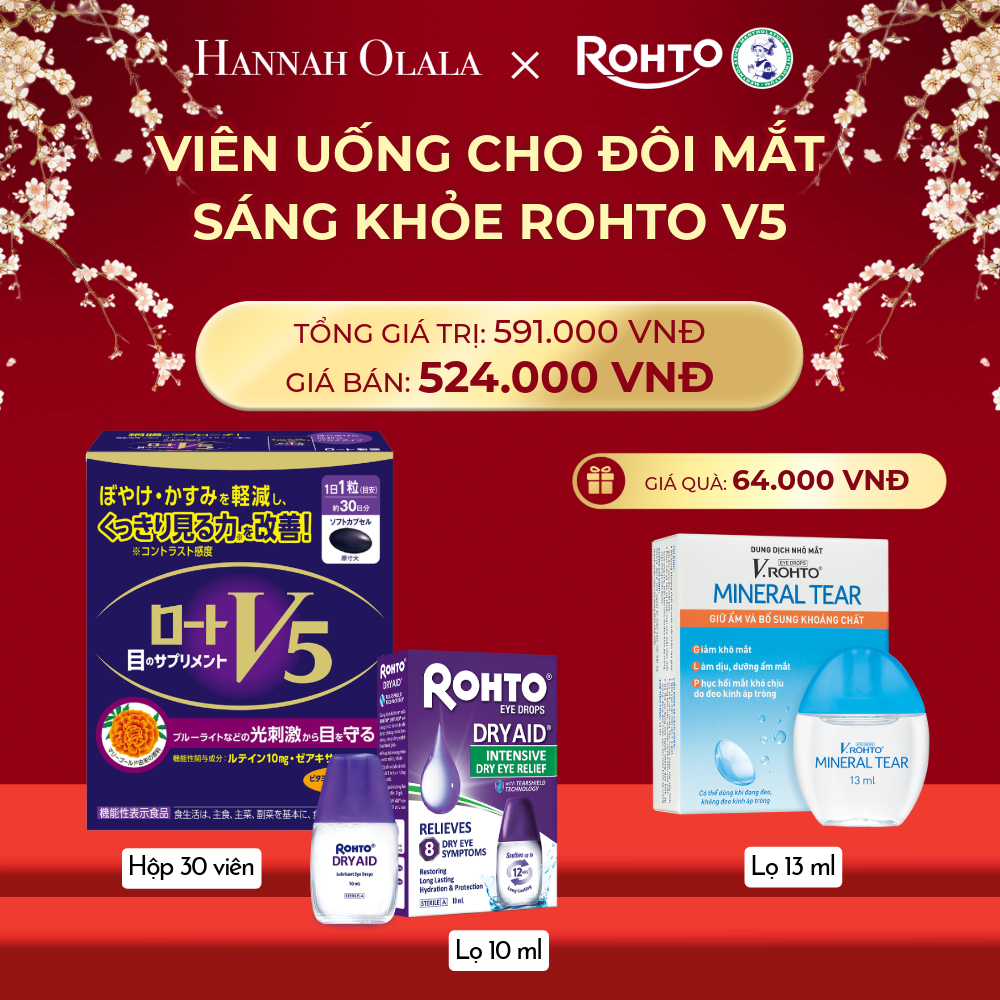  DEAL 11: MUA COMBO THỰC PHẨM BẢO VỆ SỨC KHỎE ROHTO V5 (VIÊN UỐNG HỖ TRỢ CẢI THIỆN THỊ LỰC ROHTO V5) VÀ 01 DUNG DỊCH NHỎ MẮT ROHTO DRY AID tặng 1 V.ROHTO MINERAL TEAR 