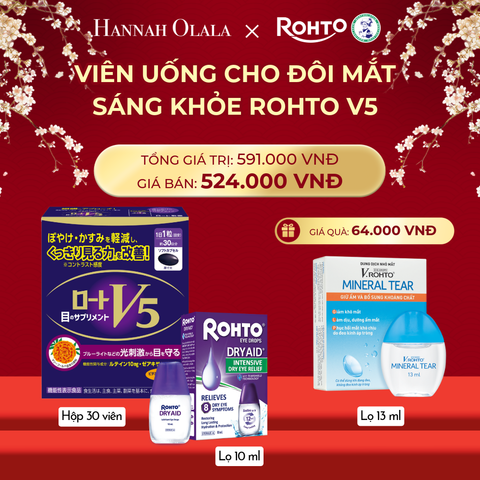  DEAL 11: MUA COMBO THỰC PHẨM BẢO VỆ SỨC KHỎE ROHTO V5 (VIÊN UỐNG HỖ TRỢ CẢI THIỆN THỊ LỰC ROHTO V5) VÀ 01 DUNG DỊCH NHỎ MẮT ROHTO DRY AID tặng 1 V.ROHTO MINERAL TEAR 