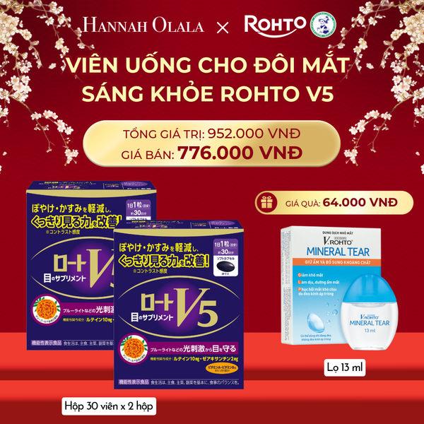  DEAL 12: MUA COMBO 2 HỘP THỰC PHẨM BẢO VỆ SỨC KHỎE ROHTO V5 (VIÊN UỐNG HỖ TRỢ CẢI THIỆN THỊ LỰC ROHTO V5) GIẢM 19% TẶNG 1 DUNG DỊCH NHỎ MẮT V.ROHTO MINERAL TEAR 
