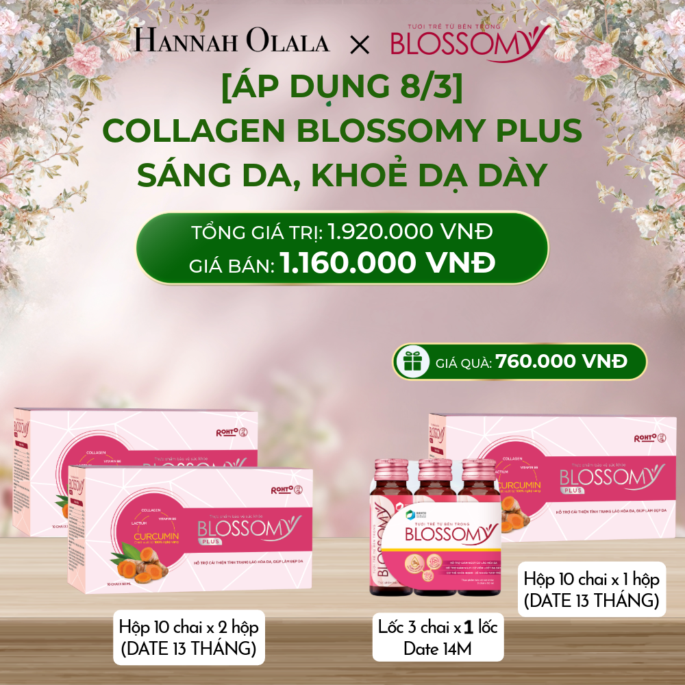  [FLASH DEAL] MUA 2 HỘP 10 - TẶNG 1 HỘP 10 VÀ 1 LỐC 3 THỰC PHẨM BẢO VỆ SỨC KHỎE BLOSSOMY PLUS - 1.000 MG COLLAGEN THỦY PHÂN (HỘP 10 CHAI X 3 HỘP VÀ 1 LỐC 3 CHAI) (HỘP 10 DATE 13 THÁNG; LỐC 3 DATE 10 THÁNG) 