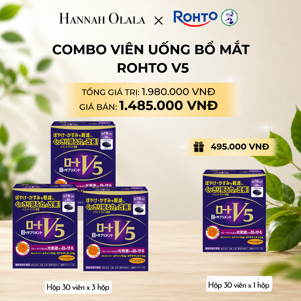  MUA COMBO 3 HỘP THỰC PHẨM BẢO VỆ SỨC KHỎE ROHTO V5 (VIÊN UỐNG HỖ TRỢ CẢI THIỆN THỊ LỰC ROHTO V5) - TẶNG 1 HỘP THỰC PHẨM BẢO VỆ SỨC KHỎE ROHTO V5 - DEAL 3 
