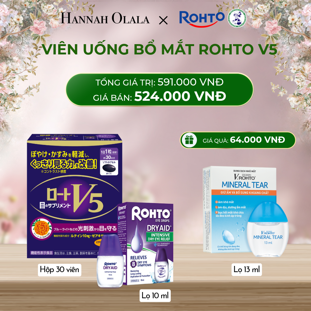  DEAL 11: MUA COMBO THỰC PHẨM BẢO VỆ SỨC KHỎE ROHTO V5 (VIÊN UỐNG HỖ TRỢ CẢI THIỆN THỊ LỰC ROHTO V5) VÀ 01 DUNG DỊCH NHỎ MẮT ROHTO DRY AID - TẶNG 1 V.ROHTO MINERAL TEAR 
