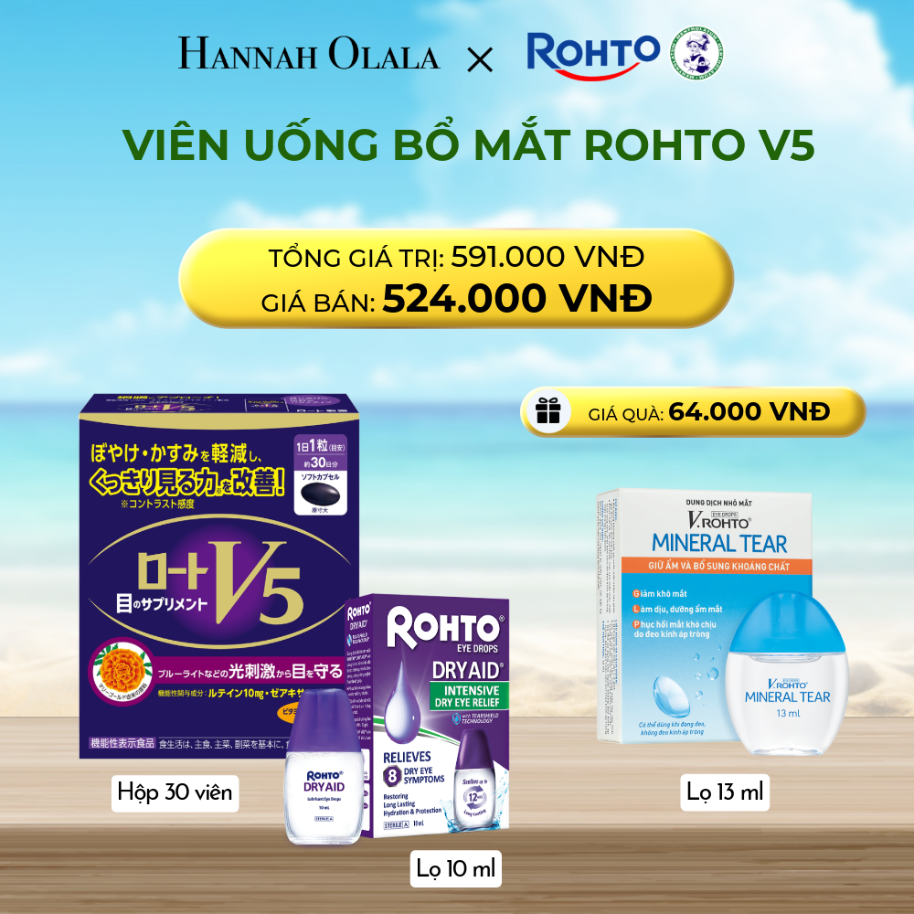 A554_deal 12: mua combo thực phẩm bảo vệ sức khỏe rohto v5 (viên uống hỗ trợ cải thiện thị lực rohto v5) và 01 dung dịch nhỏ mắt rohto dry aid - tặng 1 v.rohto mineral tear
