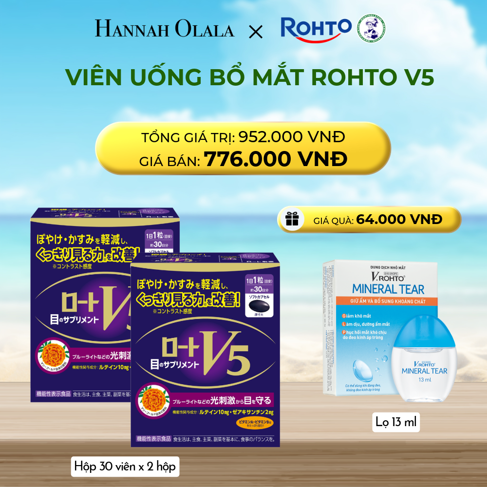  DEAL 13: MUA COMBO 2 HỘP THỰC PHẨM BẢO VỆ SỨC KHỎE ROHTO V5 (VIÊN UỐNG HỖ TRỢ CẢI THIỆN THỊ LỰC ROHTO V5) GIẢM 19% - TẶNG 1 DUNG DỊCH NHỎ MẮT V.ROHTO MINERAL TEAR 