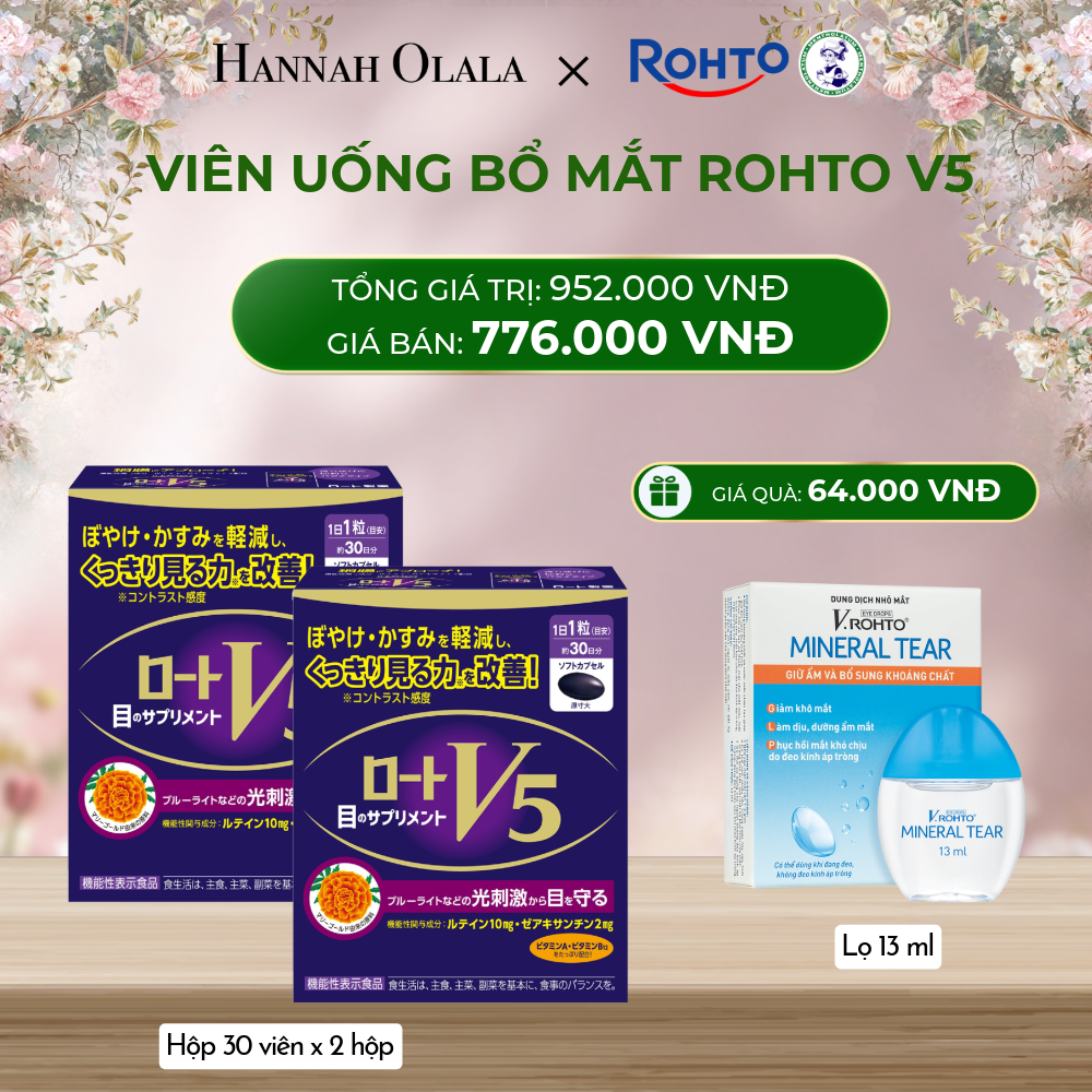  DEAL 12: MUA COMBO 2 HỘP THỰC PHẨM BẢO VỆ SỨC KHỎE ROHTO V5 (VIÊN UỐNG HỖ TRỢ CẢI THIỆN THỊ LỰC ROHTO V5) GIẢM 19% - TẶNG 1 DUNG DỊCH NHỎ MẮT V.ROHTO MINERAL TEAR 