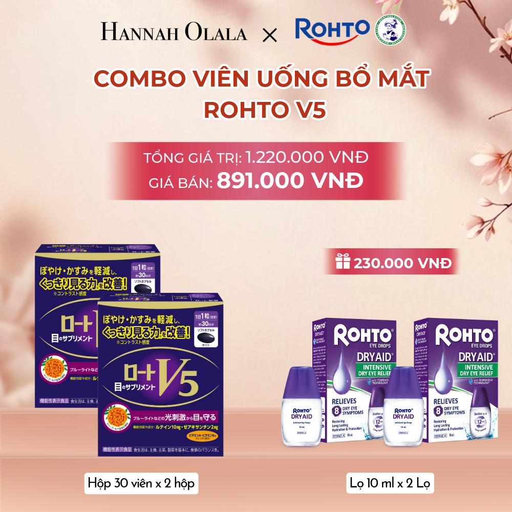  MUA COMBO 2 HỘP THỰC PHẨM BẢO VỆ SỨC KHỎE ROHTO V5 (VIÊN UỐNG HỖ TRỢ CẢI THIỆN THỊ LỰC ROHTO V5) GIẢM 10% + TẶNG 2 DUNG DỊCH NHỎ MẮT ROHTO DRY AID - A1893 