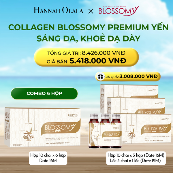 MUA 6 HỘP 10 - TẶNG 3 HỘP 10 VÀ 1 LỐC 3 THỰC PHẨM BẢO VỆ SỨC KHỎE BLOSSOMY PREMIUM TỔ YẾN (MÀU VÀNG) (HỘP 10 CHAI X 9 HỘP VÀ 1 LỐC 3) ( DATE 16 THÁNG & DATE 12 THÁNG) 