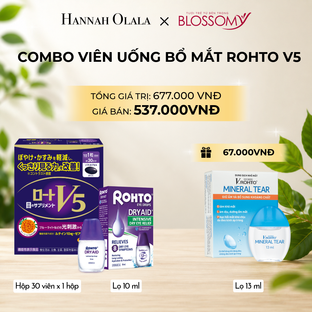  MUA COMBO THỰC PHẨM BẢO VỆ SỨC KHỎE ROHTO V5 (VIÊN UỐNG HỖ TRỢ CẢI THIỆN THỊ LỰC ROHTO V5) VÀ 01 DUNG DỊCH NHỎ MẮT ROHTO DRY AID - TẶNG 1 V.ROHTO MINERAL TEAR 