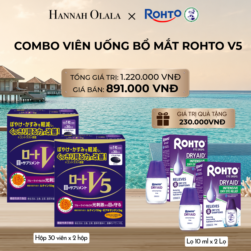  MUA COMBO 2 HỘP THỰC PHẨM BẢO VỆ SỨC KHỎE ROHTO V5 (VIÊN UỐNG HỖ TRỢ CẢI THIỆN THỊ LỰC ROHTO V5) GIẢM 10% - TẶNG 2 DUNG DỊCH NHỎ MẮT ROHTO DRY AID_ D913 