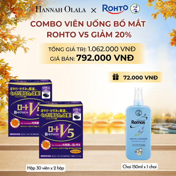  MUA COMBO 2 HỘP VIÊN UỐNG HỖ TRỢ BỔ MẮT ROHTO V5 GIẢM 20% TẶNG 1 XỊT CHỐNG MUỖI REMOS HƯƠNG LAVENDER 150ML - E166 