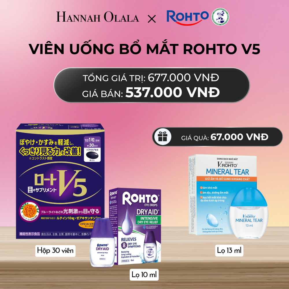  MUA COMBO THỰC PHẨM BẢO VỆ SỨC KHỎE ROHTO V5 (VIÊN UỐNG HỖ TRỢ CẢI THIỆN THỊ LỰC ROHTO V5) VÀ 01 DUNG DỊCH NHỎ MẮT ROHTO DRY AID - TẶNG 1 V.ROHTO MINERAL TEAR_A658 