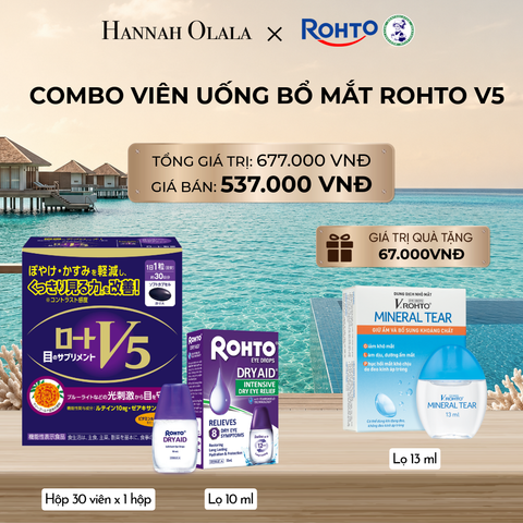  MUA COMBO THỰC PHẨM BẢO VỆ SỨC KHỎE ROHTO V5 (VIÊN UỐNG HỖ TRỢ CẢI THIỆN THỊ LỰC ROHTO V5) VÀ 01 DUNG DỊCH NHỎ MẮT ROHTO DRY AID - TẶNG 1 V.ROHTO MINERAL TEAR_ D1690 