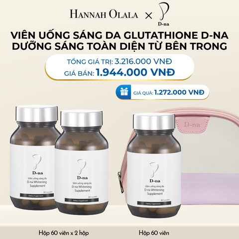  DEAL 10: MUA 2 TẶNG 1 HỘP VIÊN UỐNG TRẮNG DA GLUTATHIONE D-NA (HỘP 60V x 3 HỘP) TẶNG KÈM TÚI TRANG ĐIỂM D-NA 