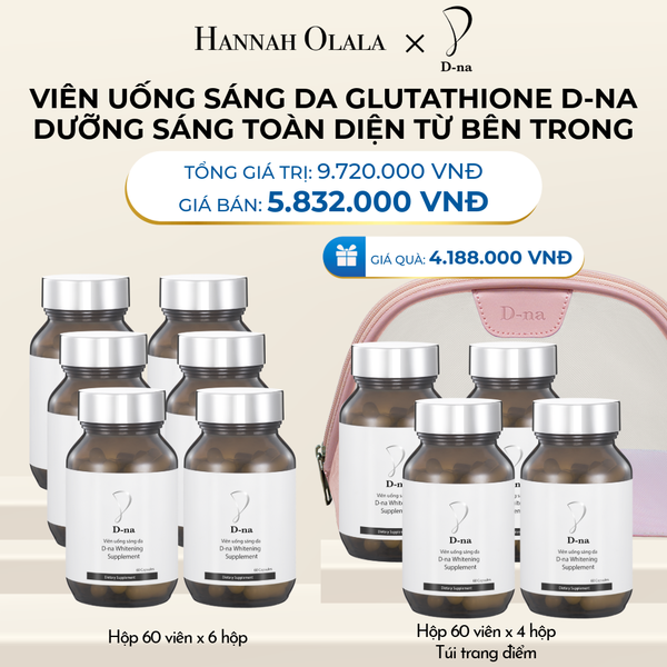  DEAL 12: MUA 6 TẶNG 4 HỘP VIÊN UỐNG TRẮNG DA GLUTATHIONE D-NA (HỘP 60V x 10 HỘP) TẶNG KÈM TÚI TRANG ĐIỂM D-NA 