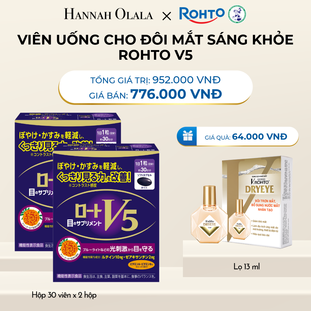  DEAL 8: MUA COMBO 2 HỘP VIÊN UỐNG HÕ TRỢ BỔ MẮT ROHTO V5 GIẢM 19% TẶNG 1 DUNG DỊCH NHỎ MẮT V.ROHTO DRYEYE 