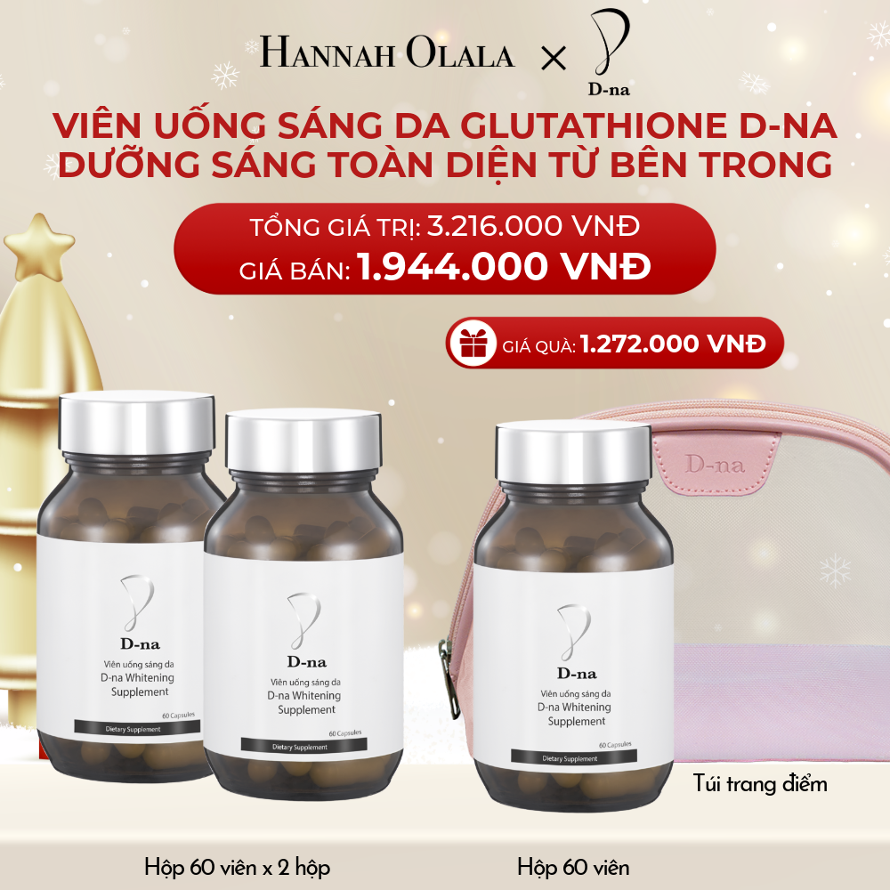  A1212_DEAL 10: MUA 2 TẶNG 1 HỘP VIÊN UỐNG TRẮNG DA GLUTATHIONE D-NA (HỘP 60V x 3 HỘP) TẶNG KÈM TÚI TRANG ĐIỂM D-NA 