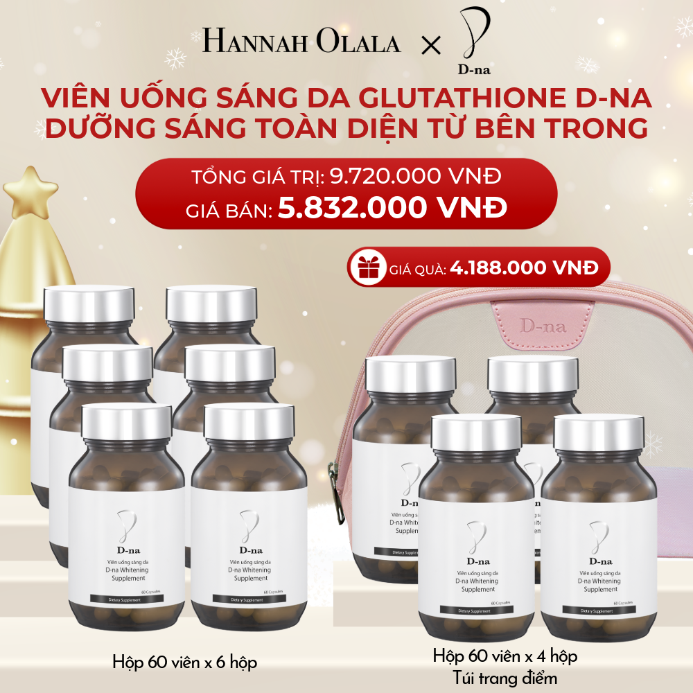  A1214_DEAL 12: MUA 6 TẶNG 4 HỘP VIÊN UỐNG TRẮNG DA GLUTATHIONE D-NA (HỘP 60V x 10 HỘP) TẶNG KÈM TÚI TRANG ĐIỂM D-NA 