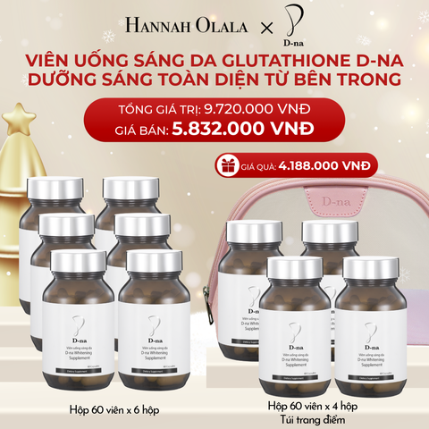  A1214_DEAL 12: MUA 6 TẶNG 4 HỘP VIÊN UỐNG TRẮNG DA GLUTATHIONE D-NA (HỘP 60V x 10 HỘP) TẶNG KÈM TÚI TRANG ĐIỂM D-NA 