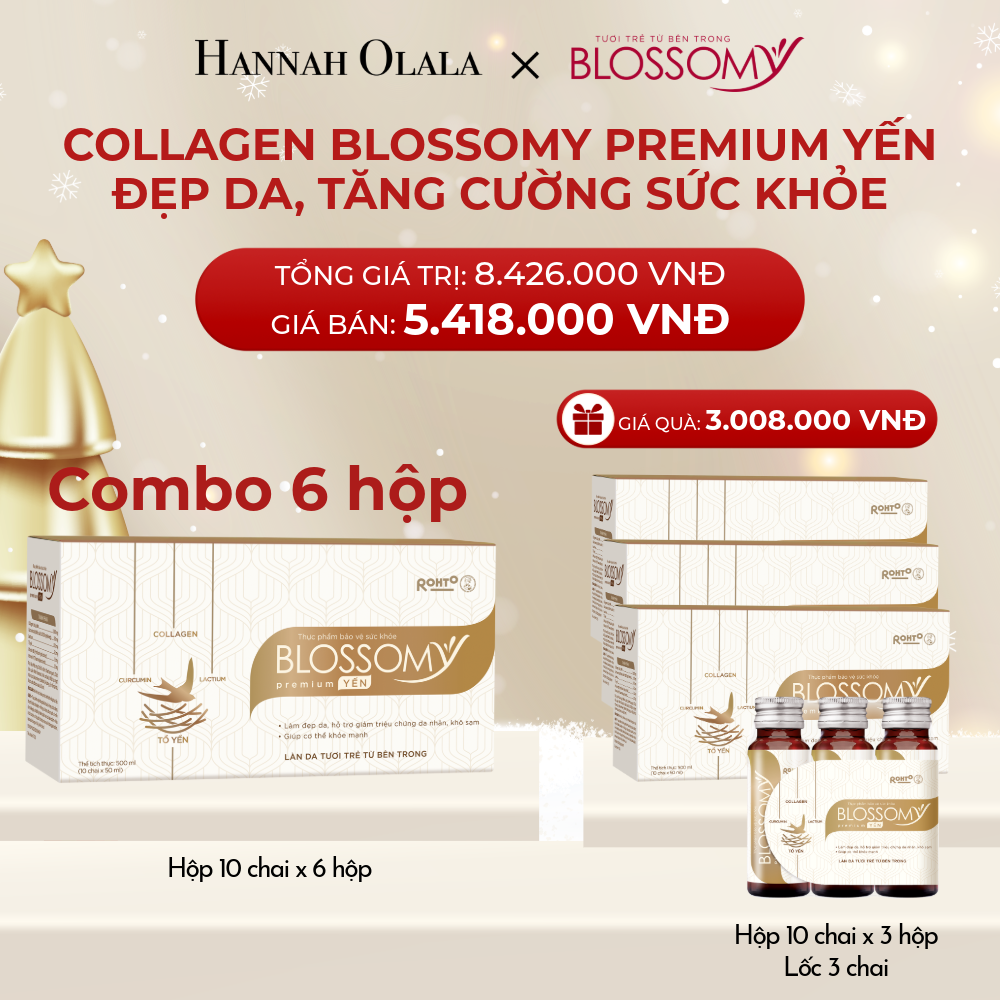  A1219_DEAL 6: MUA 6 HỘP 10 TẶNG 3 HỘP 10 VÀ 1 LỐC 3 THỰC PHẨM BẢO VỆ SỨC KHỎE BLOSSOMY PREMIUM TỔ YẾN (MÀU VÀNG) (HỘP 10 CHAI X 9 HỘP VÀ 1 LỐC 3) 