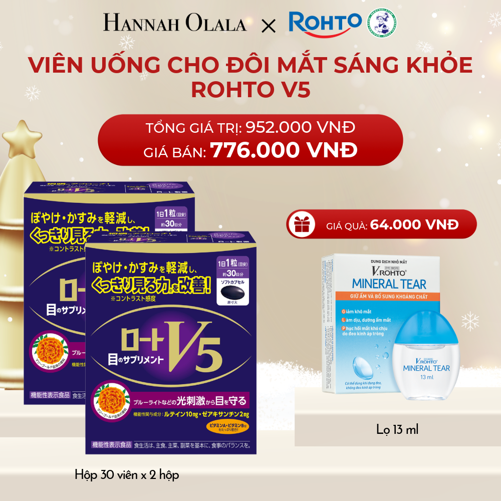  A1221_DEAL 8: MUA COMBO 2 HỘP THỰC PHẨM BẢO VỆ SỨC KHỎE ROHTO V5 (VIÊN UỐNG HỖ TRỢ CẢI THIỆN THỊ LỰC ROHTO V5) GIẢM 19% TẶNG 1 DUNG DỊCH NHỎ MẮT V.ROHTO MINERAL TEAR 