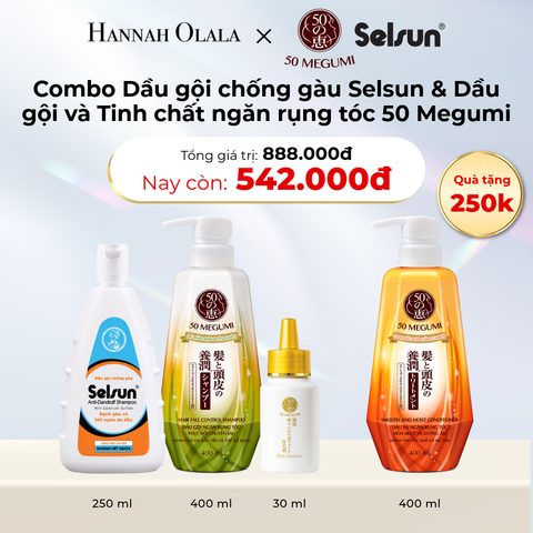  D1_DEAL 1: MUA 01 COMBO GỒM DẦU GỘI NGĂN RỤNG TÓC, PHỤC HỒI CHUYÊN SÂU 50 MEGUMI 400ML + TINH CHẤT DƯỠNG VÀ NGĂN RỤNG TÓC 50 MEGUMI 30ML + DẦU GỘI CHỐNG GÀU SELSUN 250ML TẶNG 01 DẦU XẢ NGĂN RỤNG TÓC, MỀM MƯỢT & DƯỠNG ẨM 50 MEGUMI 400ML GIẢM 15% 