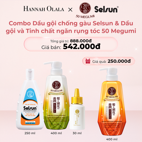  E329_DEAL 1: MUA 01 COMBO GỒM DẦU GỘI NGĂN RỤNG TÓC, PHỤC HỒI CHUYÊN SÂU 50 MEGUMI 400ML + TINH CHẤT DƯỠNG VÀ NGĂN RỤNG TÓC 50 MEGUMI 30ML + DẦU GỘI CHỐNG GÀU SELSUN 250ML TẶNG 01 DẦU XẢ NGĂN RỤNG TÓC, MỀM MƯỢT & DƯỠNG ẨM 50 MEGUMI 400ML 
