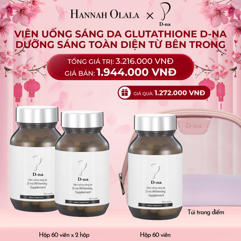  DEAL 9: MUA 2 TẶNG 1 HỘP VIÊN UỐNG TRẮNG DA GLUTATHIONE D-NA (HỘP 60V x 3 HỘP) TẶNG KÈM TÚI TRANG ĐIỂM D-NA 