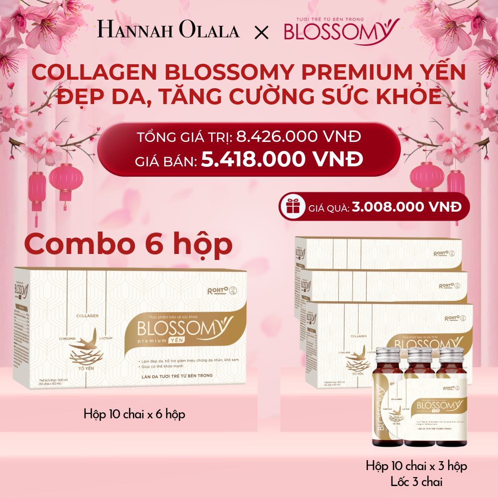  DEAL 5: MUA 6 HỘP 10 TẶNG 3 HỘP 10 VÀ 1 LỐC 3 THỰC PHẨM BẢO VỆ SỨC KHỎE BLOSSOMY PREMIUM TỔ YẾN (MÀU VÀNG) (HỘP 10 CHAI X 9 HỘP VÀ 1 LỐC 3) 
