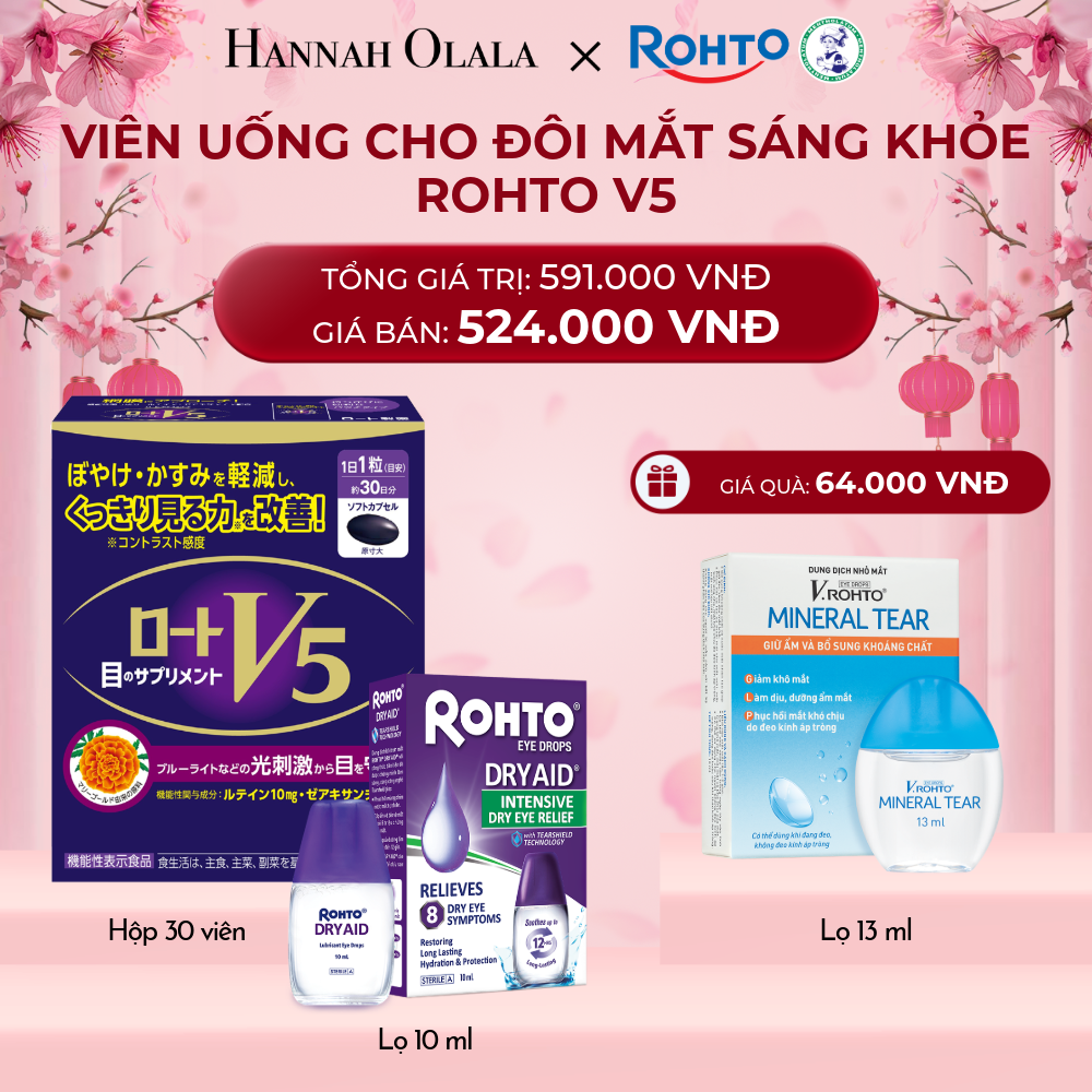  DEAL 6: MUA COMBO THỰC PHẨM BẢO VỆ SỨC KHỎE ROHTO V5 (VIÊN UỐNG HỖ TRỢ CẢI THIỆN THỊ LỰC ROHTO V5) VÀ 01 DUNG DỊCH NHỎ MẮT ROHTO DRY AID tặng 1 V.ROHTO MINERAL TEAR 