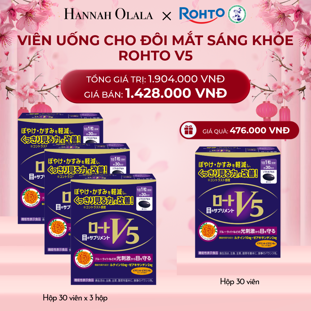  DEAL 8: MUA COMBO 3 HỘP THỰC PHẨM BẢO VỆ SỨC KHỎE ROHTO V5 (VIÊN UỐNG HỖ TRỢ CẢI THIỆN THỊ LỰC ROHTO V5) TẶNG 1 HỘP HỘP THỰC PHẨM BẢO VỆ SỨC KHỎE ROHTO V5 