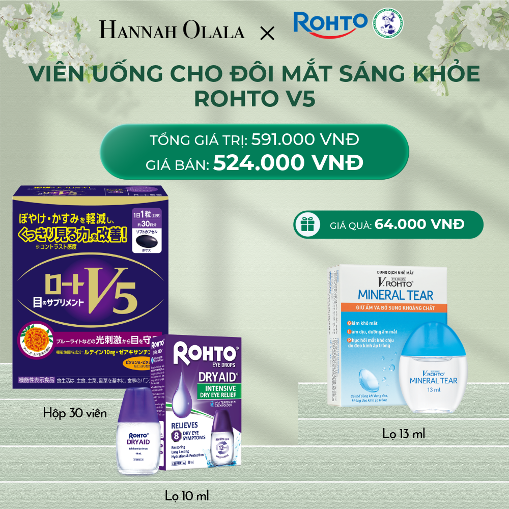  DEAL 8: MUA COMBO THỰC PHẨM BẢO VỆ SỨC KHỎE ROHTO V5 (VIÊN UỐNG HỖ TRỢ CẢI THIỆN THỊ LỰC ROHTO V5) VÀ 01 DUNG DỊCH NHỎ MẮT ROHTO DRY AID tặng 1 V.ROHTO MINERAL TEAR 