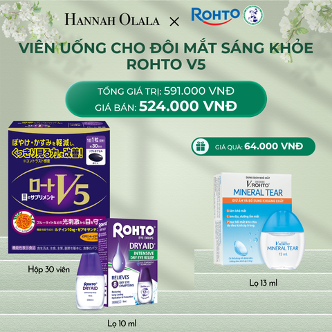  DEAL 8: MUA COMBO THỰC PHẨM BẢO VỆ SỨC KHỎE ROHTO V5 (VIÊN UỐNG HỖ TRỢ CẢI THIỆN THỊ LỰC ROHTO V5) VÀ 01 DUNG DỊCH NHỎ MẮT ROHTO DRY AID tặng 1 V.ROHTO MINERAL TEAR 